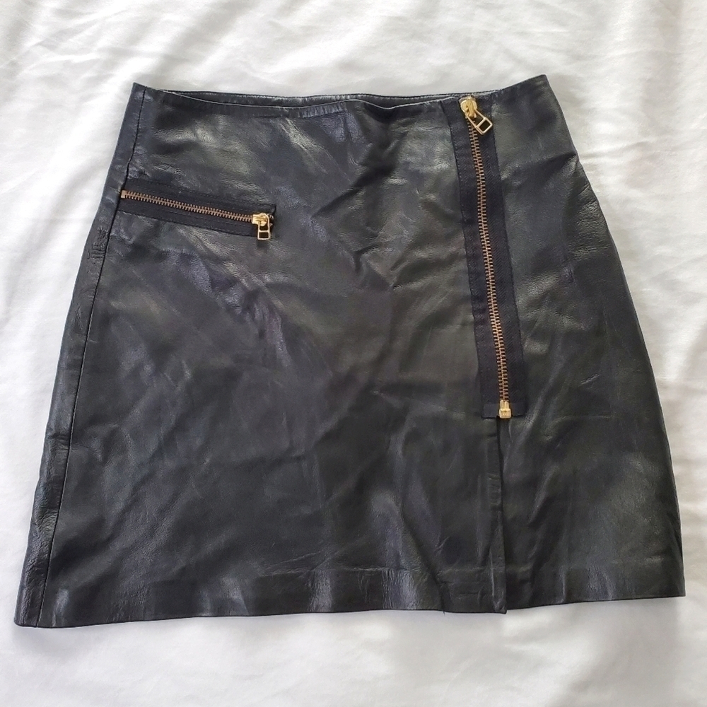 Bod & Christensen Genuine Leather Asymmetrical Zip Mini Black Skirt